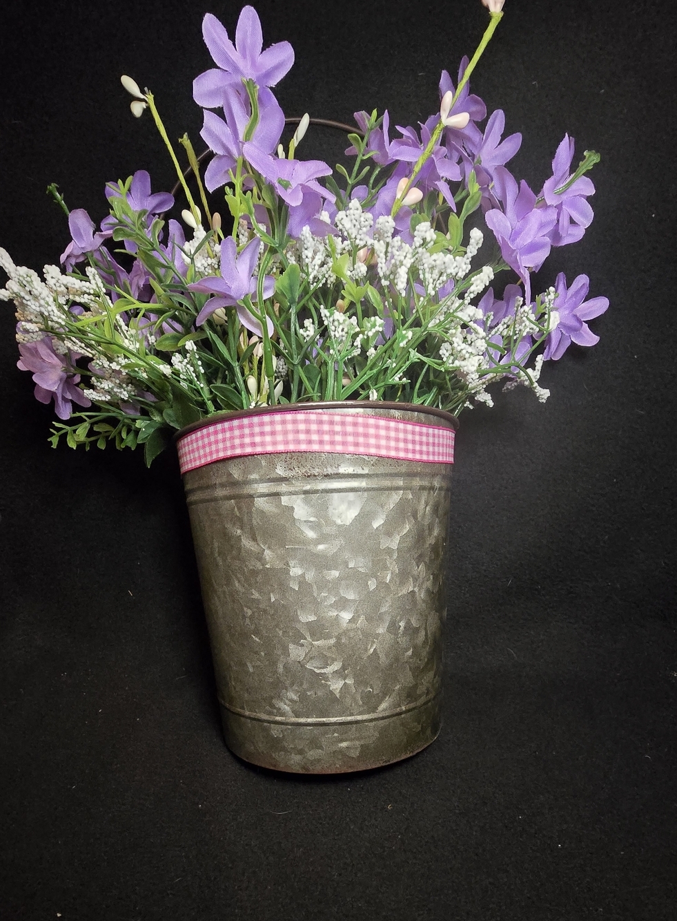 Rustic Galvanized Planter with Pink Gingham Trim and Purple Faux Florals